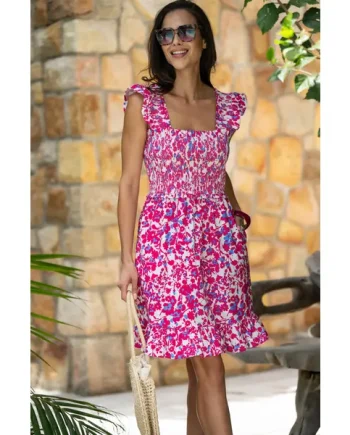 Lucy Cotton Poplin Tiered Short Dress - White/Pink