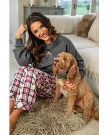 Pour Moi Logo Sweatshirt Cosy Check Pyjama Set - Charcoal/Pink/Navy