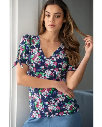 Bella Fuller Bust V-Neck Slinky Stretch Top - Navy Floral