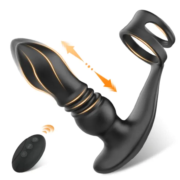 7 Thrusting Anal Vibrator with Double Cock Ring Delays Ejaculation Unforgettable Orgasms