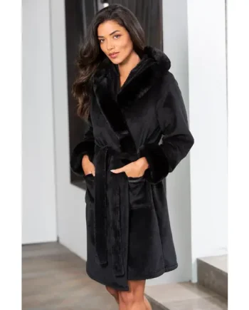 Cosy Faux Fur Trim Hooded Dressing Gown - Black