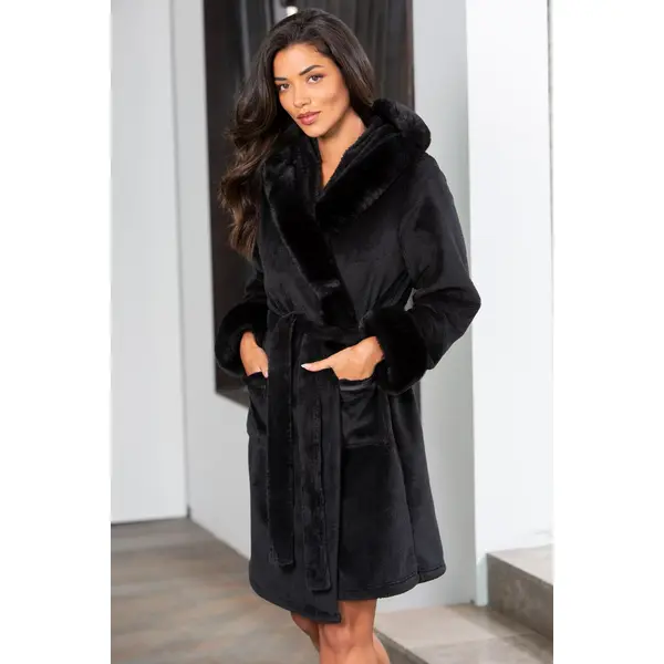 Cosy Faux Fur Trim Hooded Dressing Gown - Black