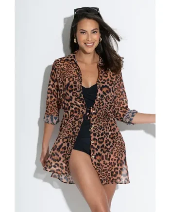 Chiffon Button Through Beach Shirt - Leopard