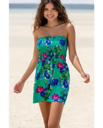 Lottie Strapless Shirred Bodice Beach Playsuit - Green Floral