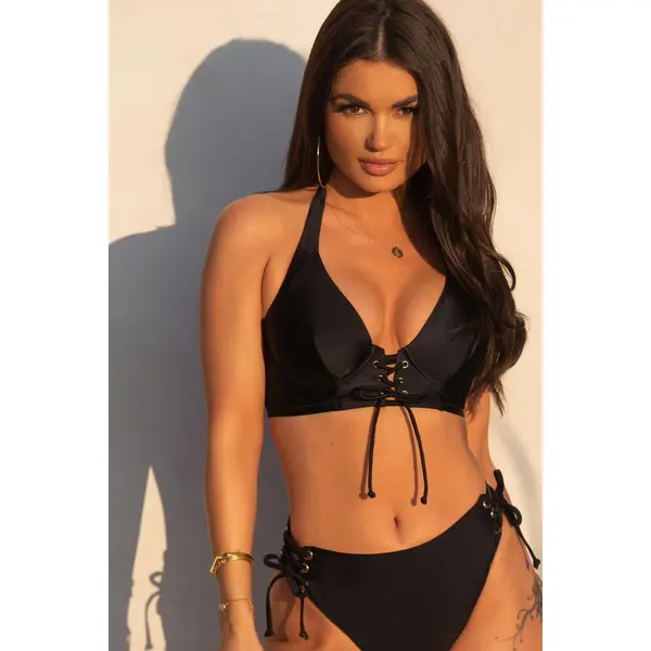 India Longline Underwired Halter Bikini Top - Black