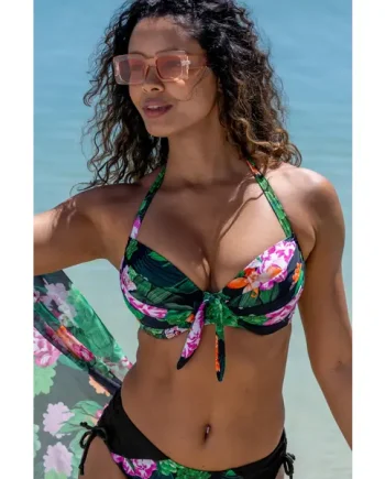 Palermo Underwired Padded Halter Bikini Top - Black/Green/Pink
