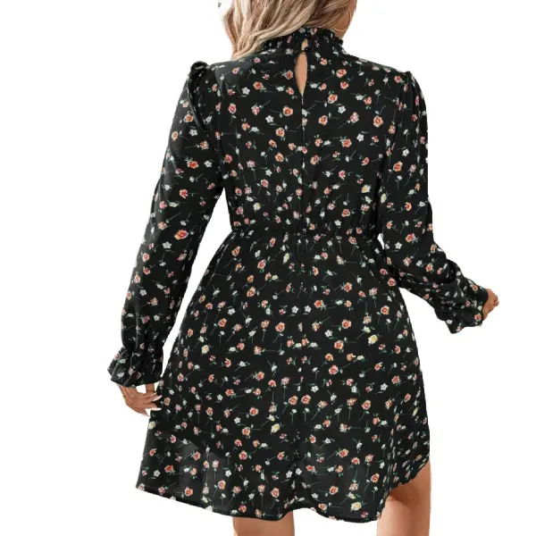 Frilled Neck Shirred Panel Lantern Sleeve Floral Dress