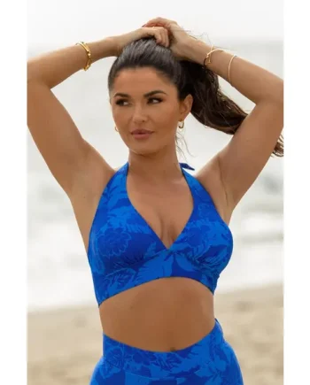 Maui Non-Wired Longline Removable Cup Halter Bikini Top - Blue Tropical