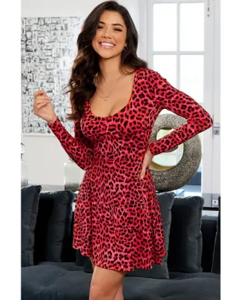 Bailey Fuller Bust Slinky Jersey Skater Dress - Red Leopard