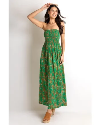 Emma Strapless Shirred Bodice Maxi Beach Dress - Green Ditsy