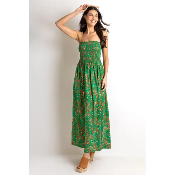 Emma Strapless Shirred Bodice Maxi Beach Dress - Green Ditsy