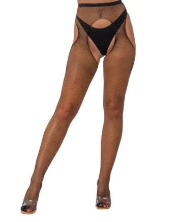 Lace by LJ Rhinestone Fishnet Crotchless Pantyhose Black