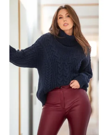 Alice Chunky Cable Knit Roll Neck Knit Jumper - Navy