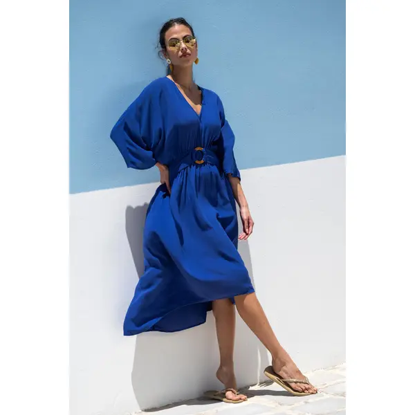 Crinkle O-Ring Midi Beach Kaftan - Ultramarine