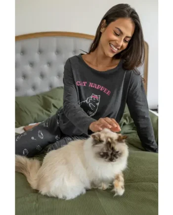 Jersey Cotton Cat Pyjama Set - Grey