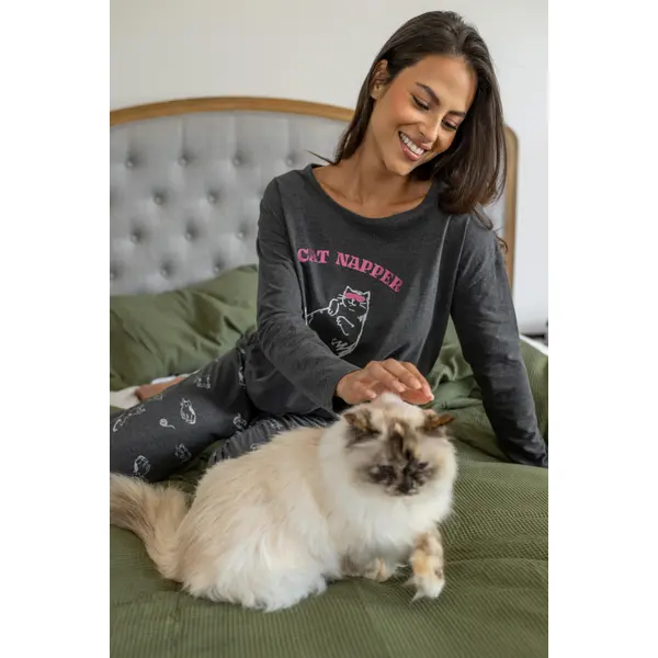 Jersey Cotton Cat Pyjama Set - Grey