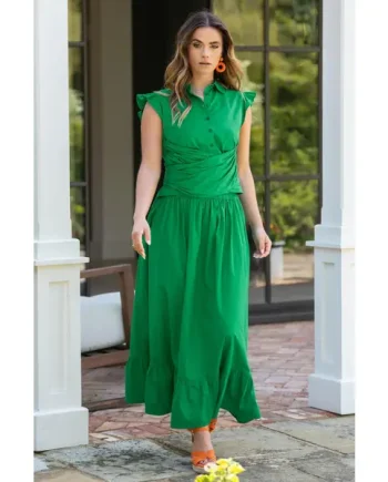 Susan Cotton Poplin Tiered Hem Midaxi Co-Ord Skirt - Green