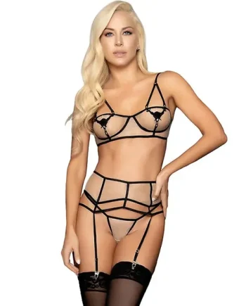 Mapale Bare Mesh Bra with Matching Garter and Thong