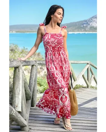 Hallie Tie Strap Tiered Maxi Dress - White/Red