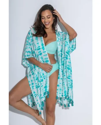 Woven Tassel Kimono - White/Aqua
