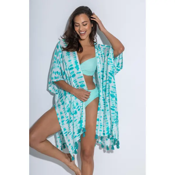Woven Tassel Kimono - White/Aqua