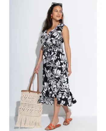 Midaxi Wrap Beach Dress - Black/White