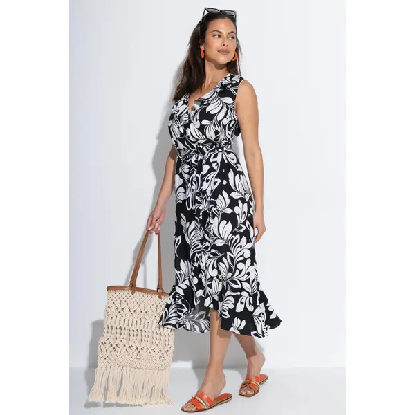 Midaxi Wrap Beach Dress - Black/White