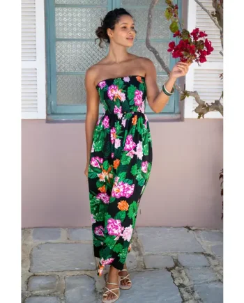 Emma Strapless Shirred Bodice Maxi Beach Dress - Black/Green/Pink