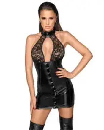 Noir Lace and Wet Look Halter Neck Dress
