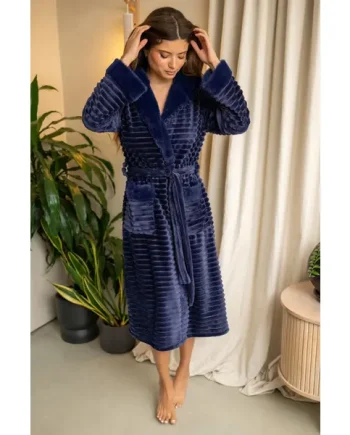 Cosy Ribbed Fleece Midi Hooded Dressing Gown - Navy
