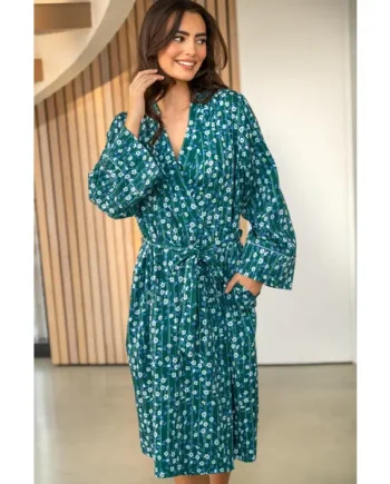 Pure Cotton Dressing Gown - Forest/Blue