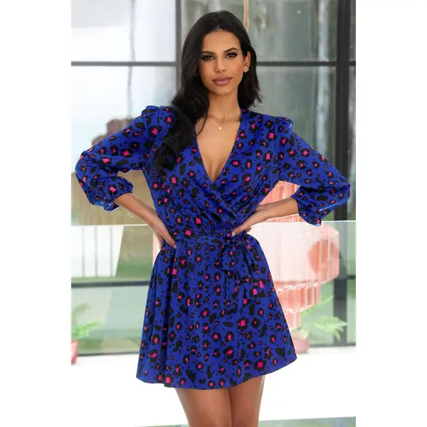 Millie Faux Wrap Woven Satin Dress - Cobalt Leopard