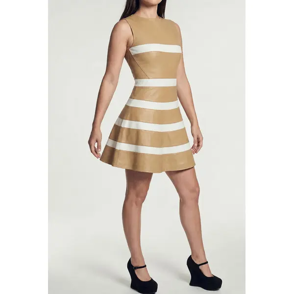Ladies Leather Dress Top Costume Striped Nappa Stylish Figure Hugging Two Toned MD105