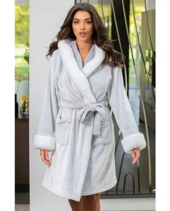 Cosy Faux Fur Trim Hooded Dressing Gown - Grey/White