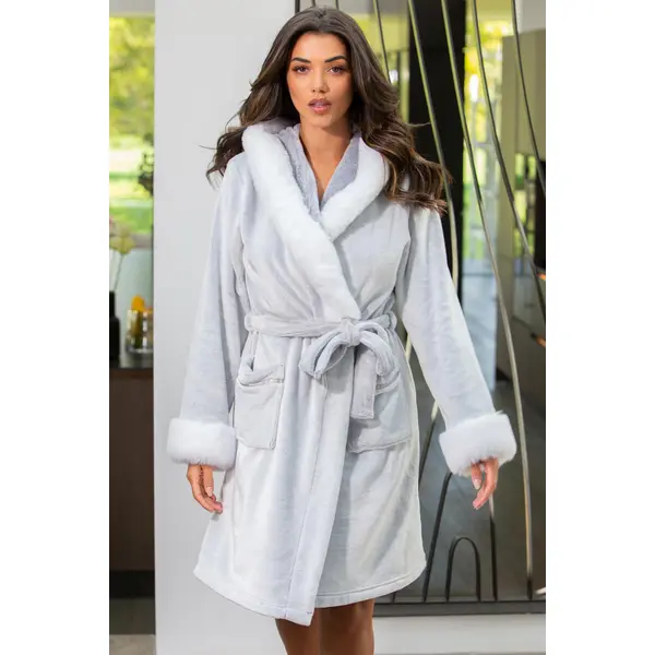 Cosy Faux Fur Trim Hooded Dressing Gown - Grey/White