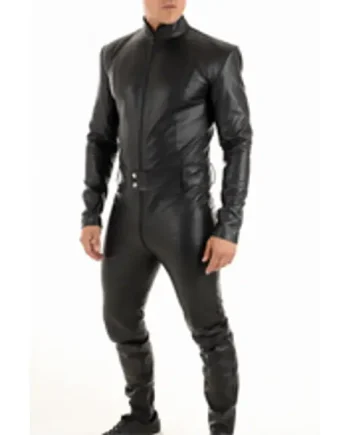 Custom Made Men's Black Leather One Piece Male Suit