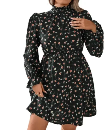 Frilled Neck Shirred Panel Lantern Sleeve Floral Dress