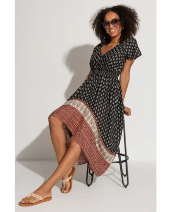 Border Print High Low Midaxi Beach Dress - Black/Mix