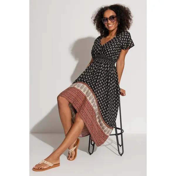 Border Print High Low Midaxi Beach Dress - Black/Mix
