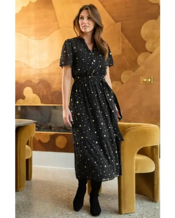Florence Chiffon Angel Sleeve Tiered Midi Dress - Black/Gold