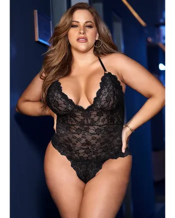 Mapale V Neck Lace Plus Size Bodysuit
