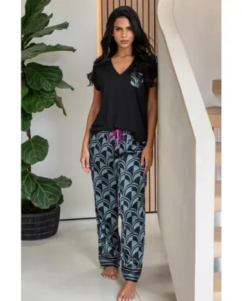 Satin Jersey T-Shirt Pyjama Set - Steel Blue/Black