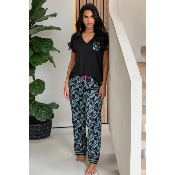 Satin Jersey T-Shirt Pyjama Set - Steel Blue/Black