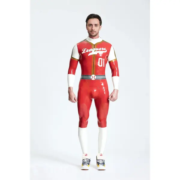 Latex Male Leaguers Baseball Look Shoulder Zip Catsuit