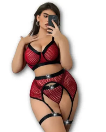 Plus Size Punk Lingerie Set – 5 Piece Sheer Mesh Colourblock Style