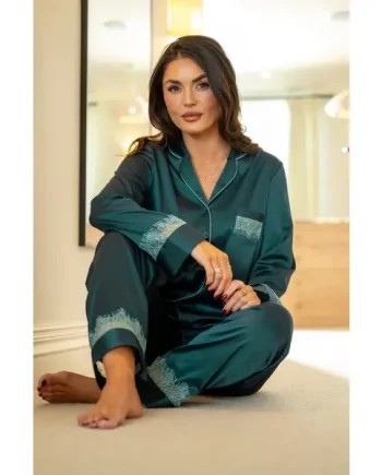 Dusk Satin and Lace Revere Collar Pyjama Set - Forest/Light Teal