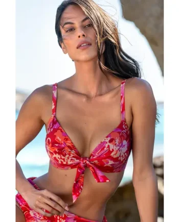 Casablanca Lightly Padded Underwired Front Tie Top - Red Floral