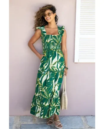 Lucy Cotton Poplin Tiered Maxi Dress - Ivory/Green Tropical