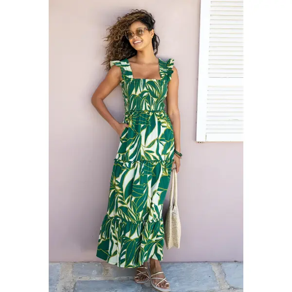 Lucy Cotton Poplin Tiered Maxi Dress - Ivory/Green Tropical