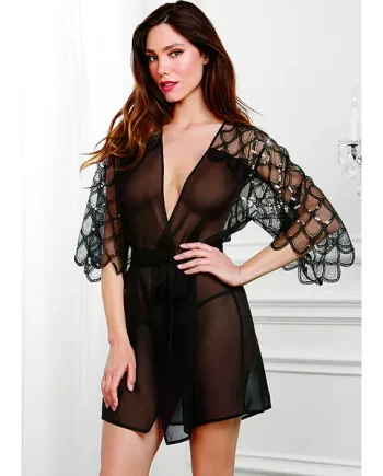 Dreamgirl Silky Embroidered Sequin Kimono With Thong
